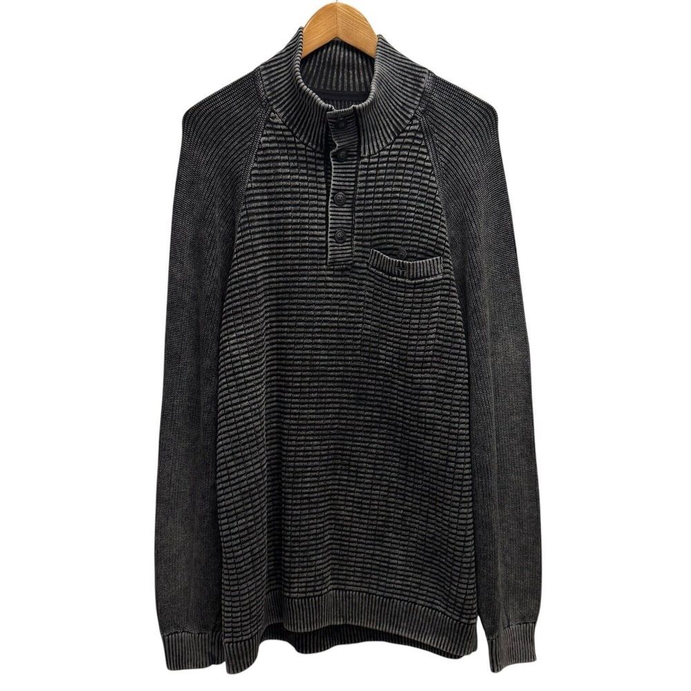 Carbon 2 Cobalt Mens Size L Fisherman Henley Dark Gray Cotton Cable Knit Sweater